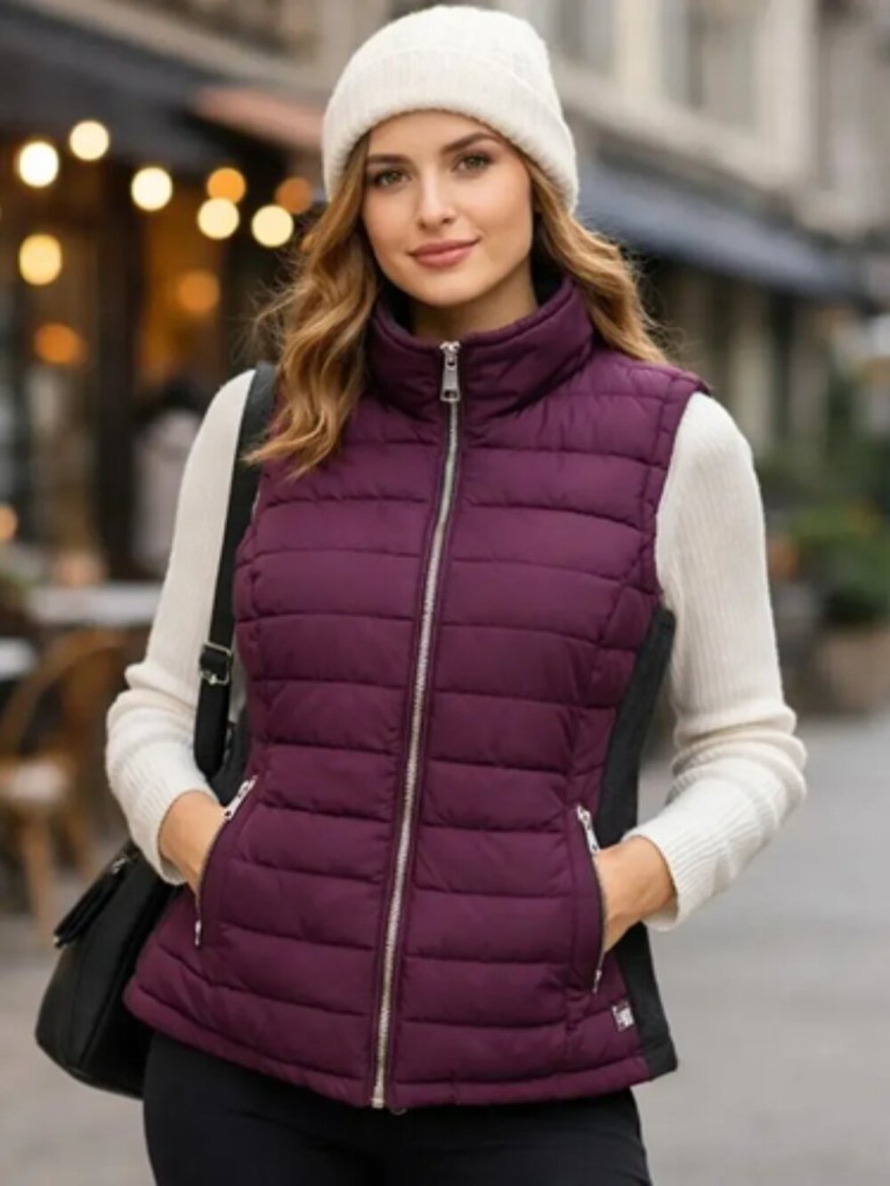 Calvin Klein Quilted Puffer Vest Plum Purple Knit Side Panels Zip Up Size S